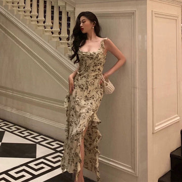 Sheath Square Neckline Floral Slit Prom Dresses Birthday Outfits Evening Gown SD966